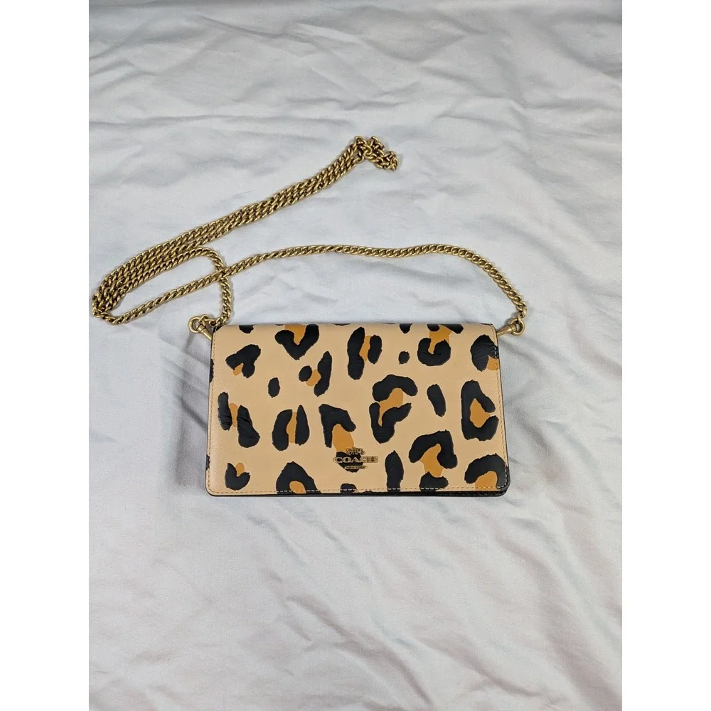 Coach Callie Foldover Chain Clutch Leopard Print Wallet Crossbody Brass Leather - Picture 1 of 9